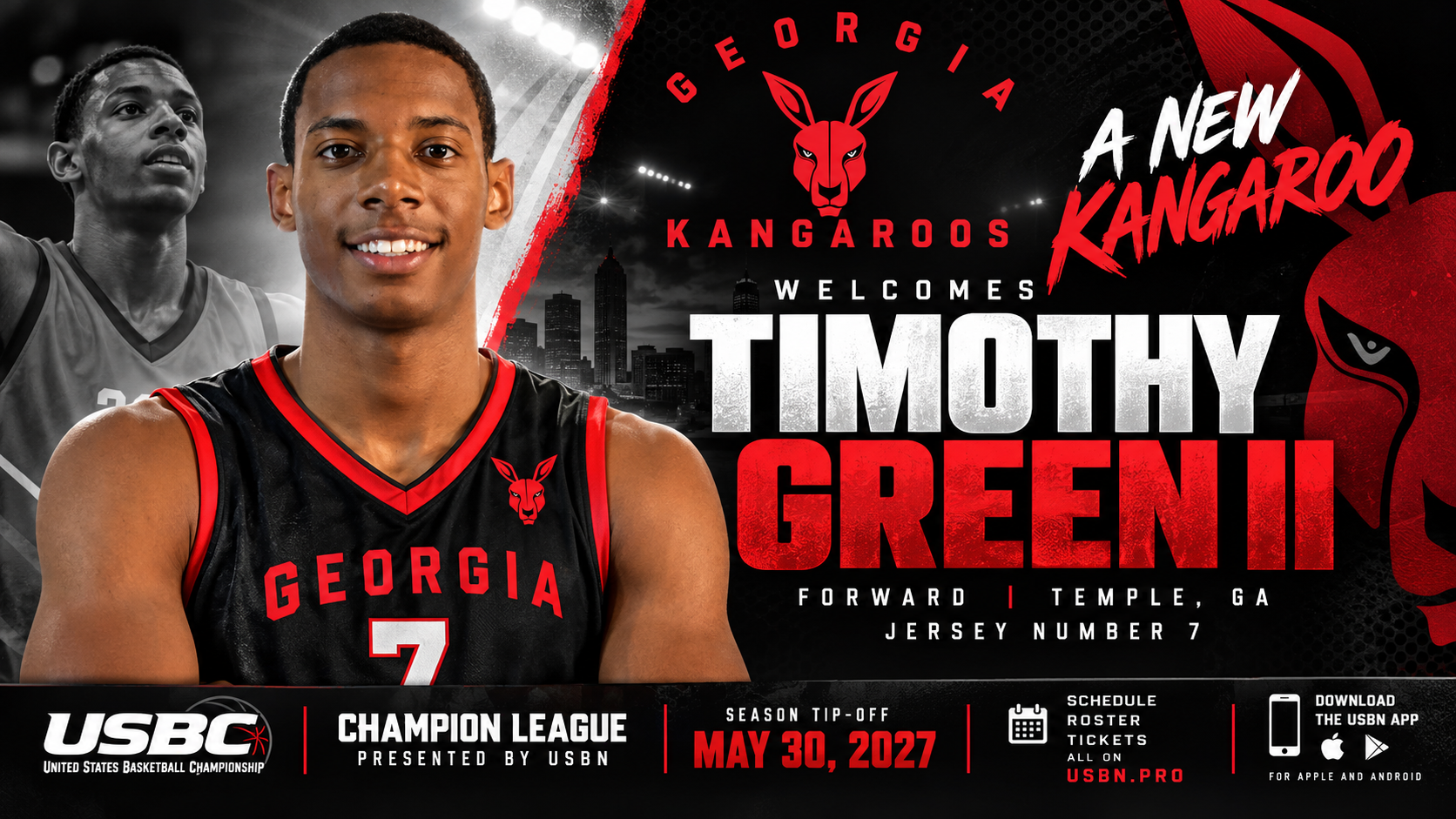 Georgia Kangaroos welcome Timothy Green II in a No. 7 jersey, with Georgia Kangaroos and USBC logos and the May 30, 2027 season tip-off.