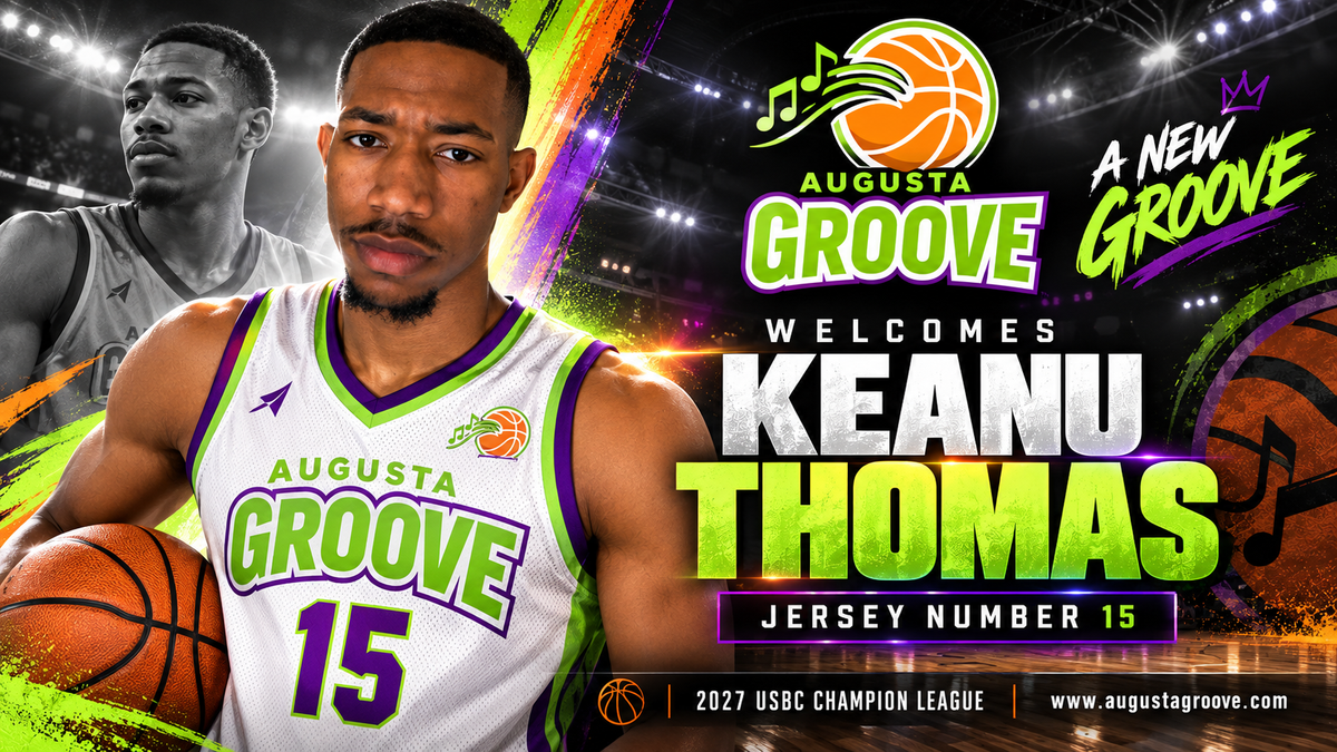 Keanu Thomas in an Augusta Groove jersey, No. 15, on the team’s 2027 USBC Champion League return announcement banner.